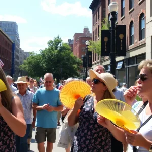 Street scene in Boston during heat advisory with people seeking relief from heat.