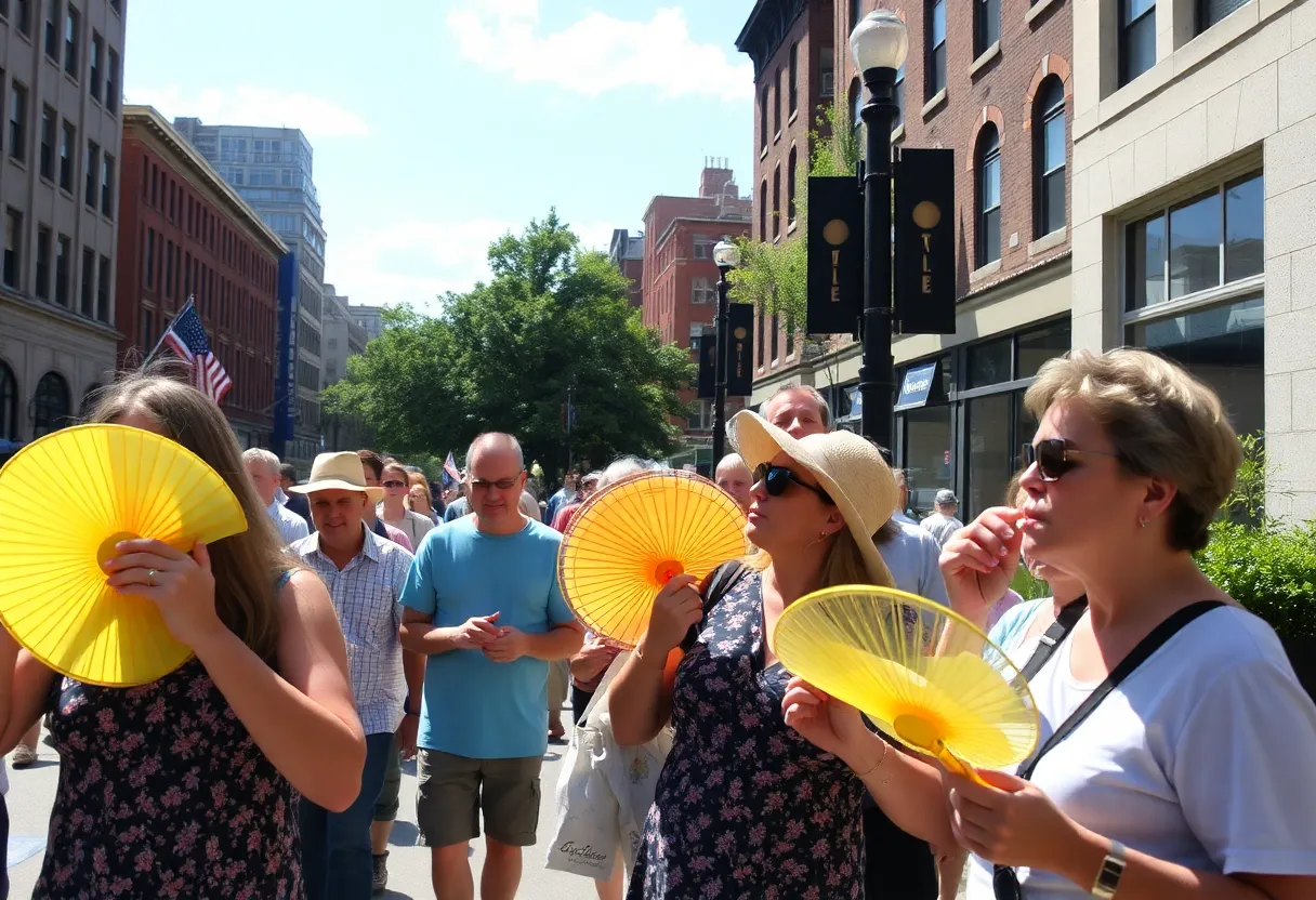Street scene in Boston during heat advisory with people seeking relief from heat.
