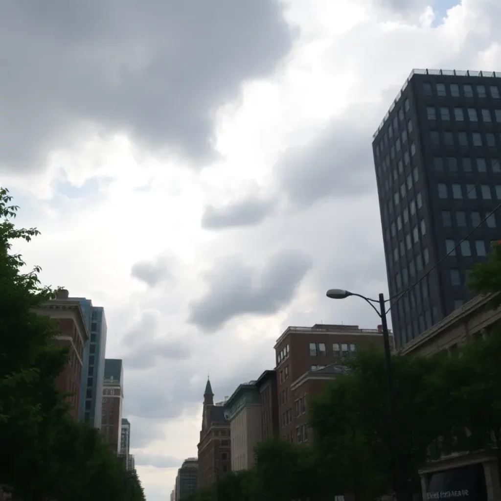 A hot and humid summer day in Boston with looming storm clouds