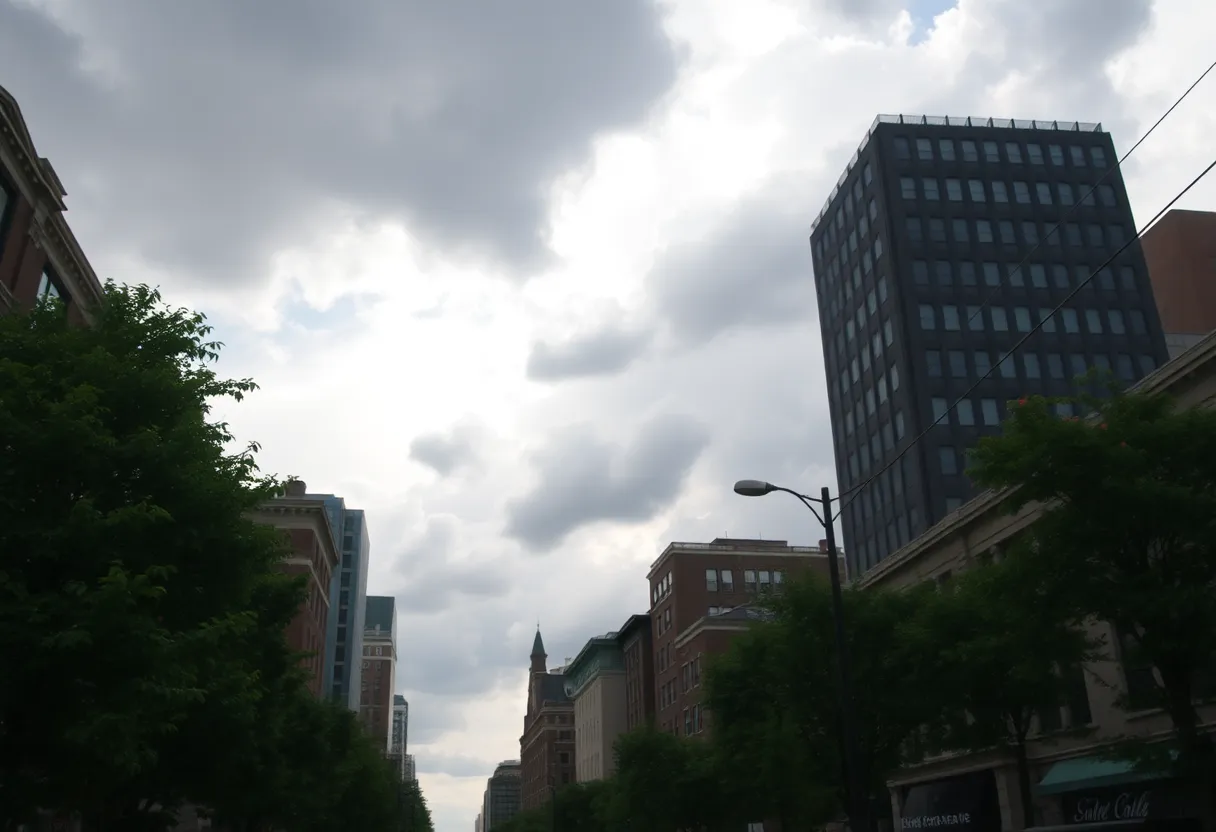 A hot and humid summer day in Boston with looming storm clouds
