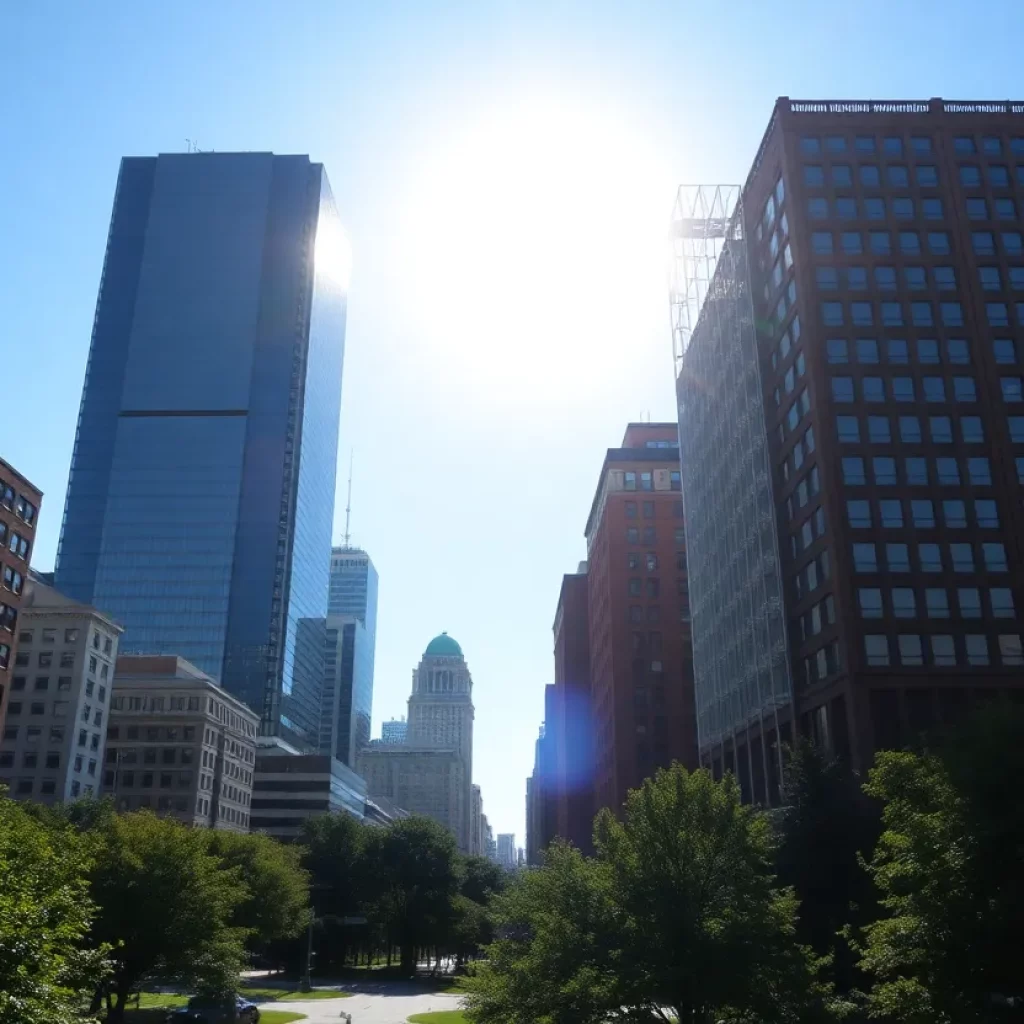 Boston skyline under a bright sun during a heat wave