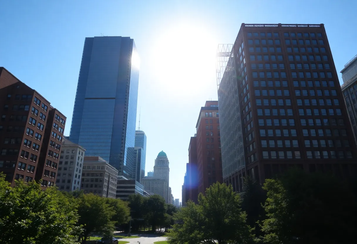 Boston skyline under a bright sun during a heat wave