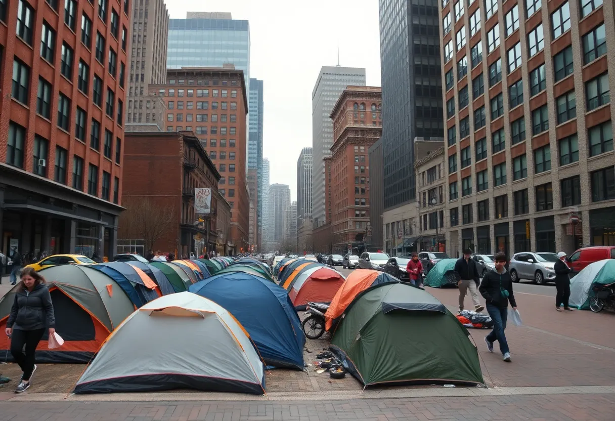 Urban Boston streets depicting homelessness and community efforts