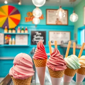 A colorful display of ice cream cones and scoops in a Boston ice cream shop