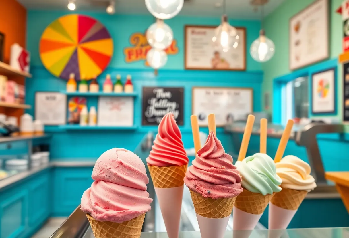 A colorful display of ice cream cones and scoops in a Boston ice cream shop