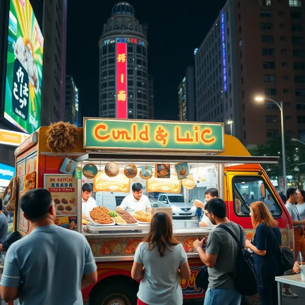 Food truck in Boston at night with customers