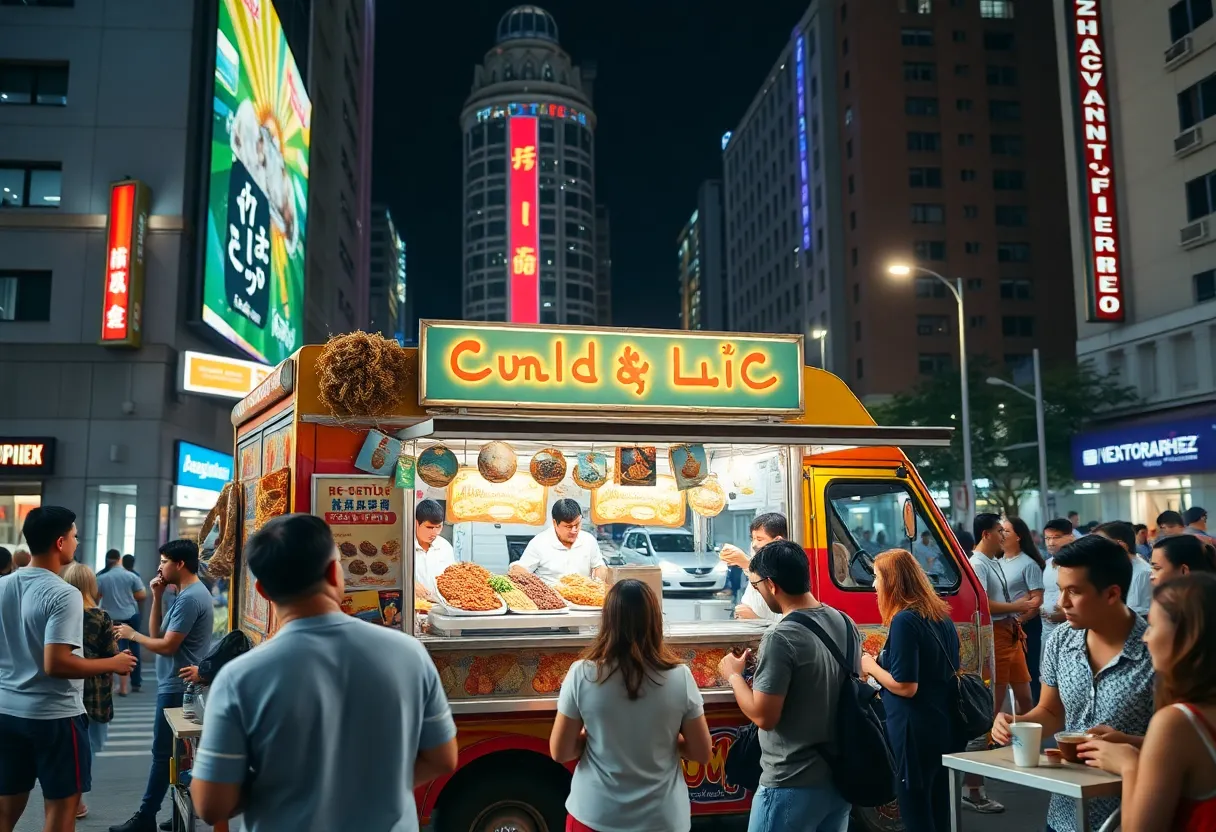 Food truck in Boston at night with customers