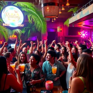 Crowd celebrating at a watch party for Love Island USA in Boston