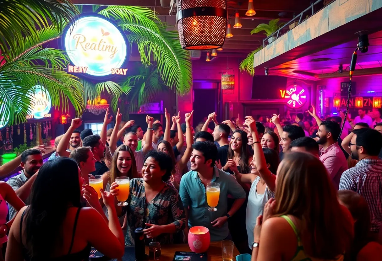 Crowd celebrating at a watch party for Love Island USA in Boston