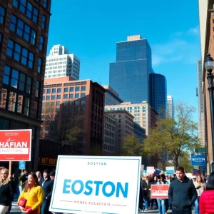 Campaign signs in a Boston neighborhood during the election season.