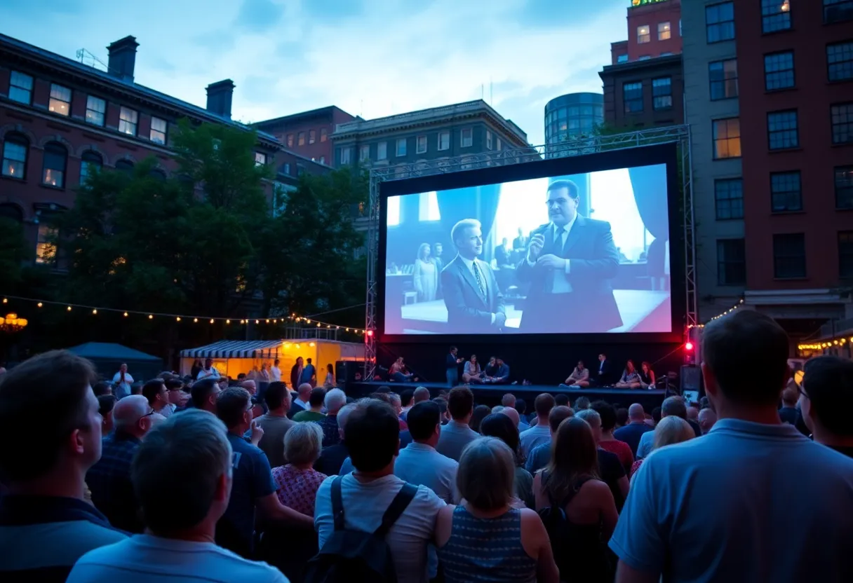 Outdoor movie screening in Boston with a large crowd enjoying a classic film.