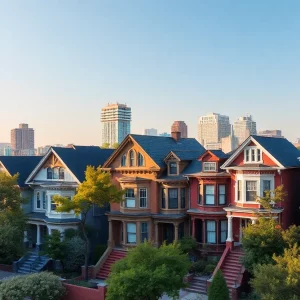A scene depicting upscale homes in a Boston neighborhood