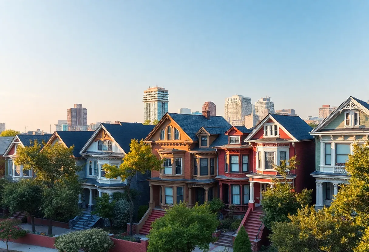A scene depicting upscale homes in a Boston neighborhood