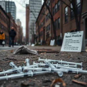Boston neighborhood impacted by opioid crisis with discarded needles