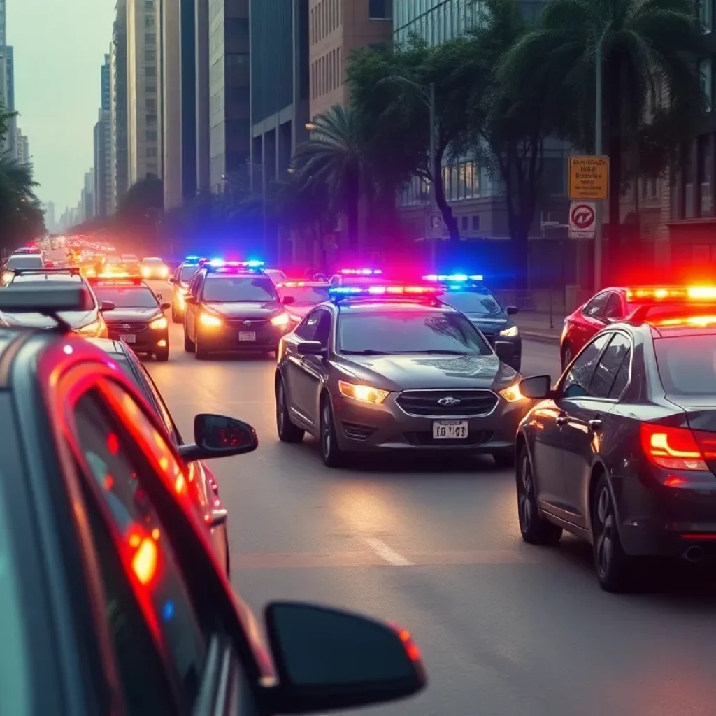 Police cars pursuing a stolen vehicle in a busy Boston street