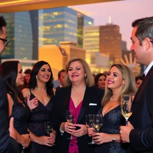 Ceremony celebrating the Boston real estate awards with attendees and Boston skyline