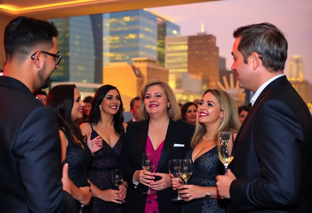 Ceremony celebrating the Boston real estate awards with attendees and Boston skyline