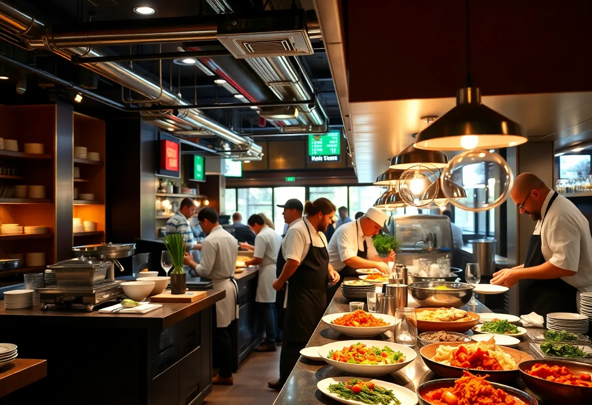 Vibrant Boston restaurant with chefs preparing dishes
