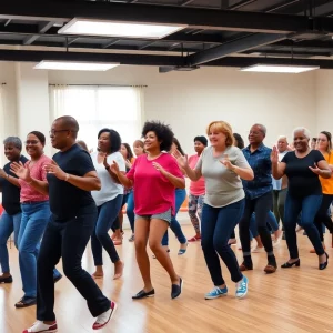 Participants enjoying a joyful soul line dancing class in Boston.