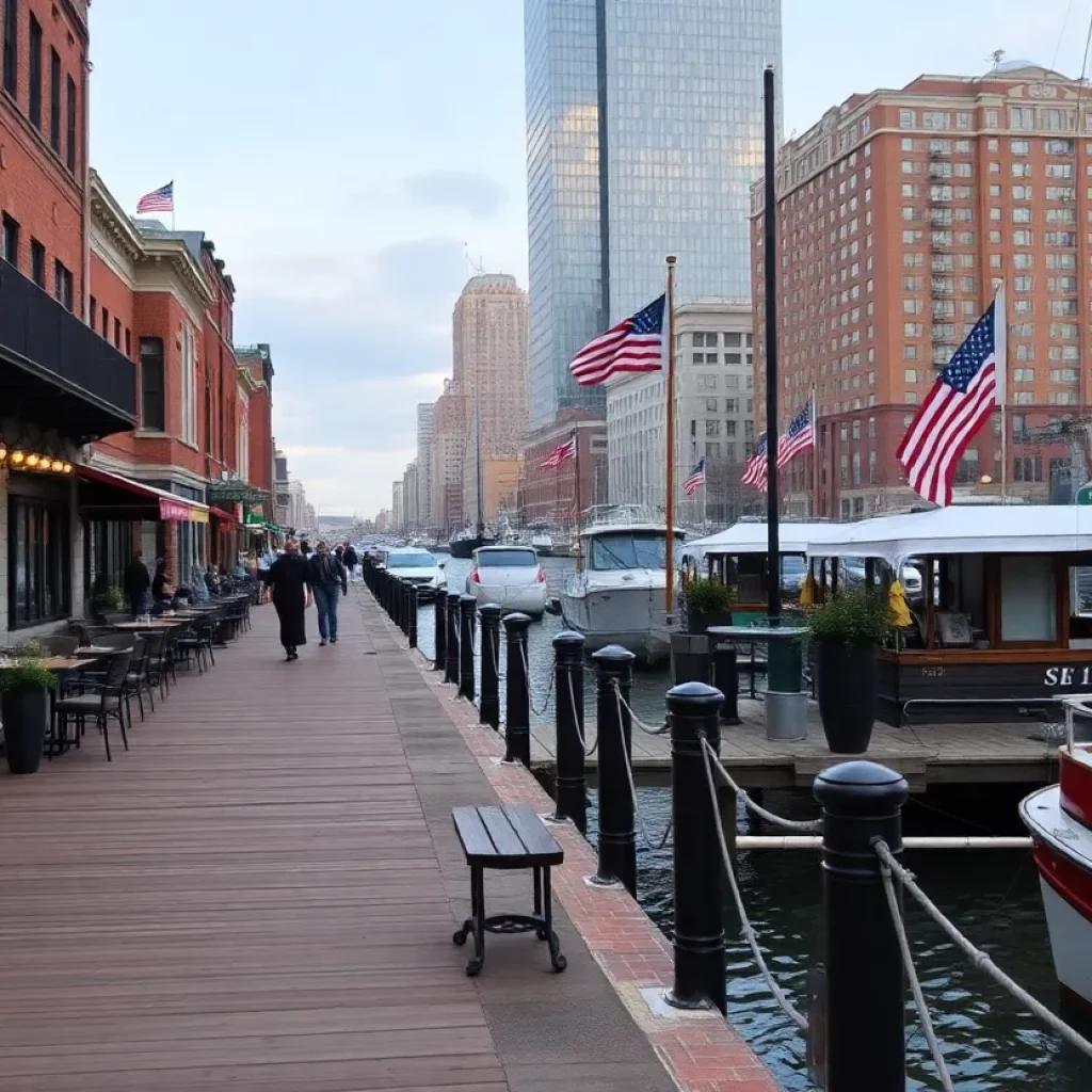 View of Boston Seaport area with restaurants and waterfront