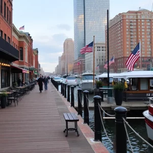 View of Boston Seaport area with restaurants and waterfront