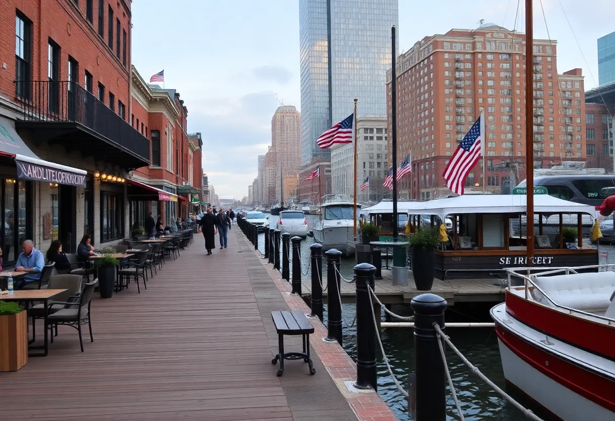 View of Boston Seaport area with restaurants and waterfront