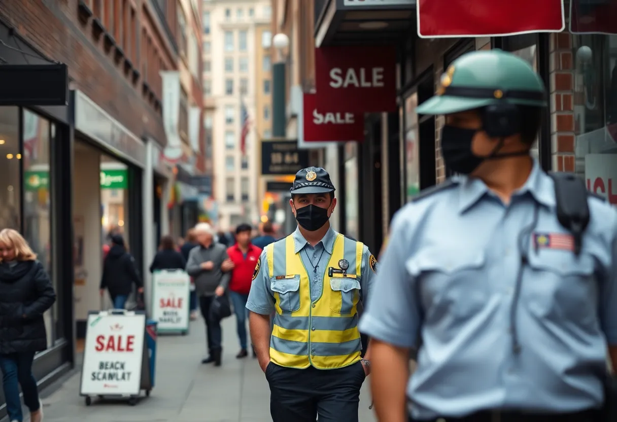 Enhanced security measures on a Boston street amidst local shops