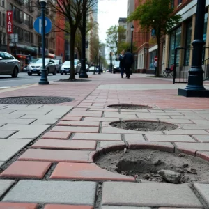 A sidewalk in Boston showing cracks and loose bricks.