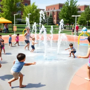 Families enjoying a splash pad in Boston