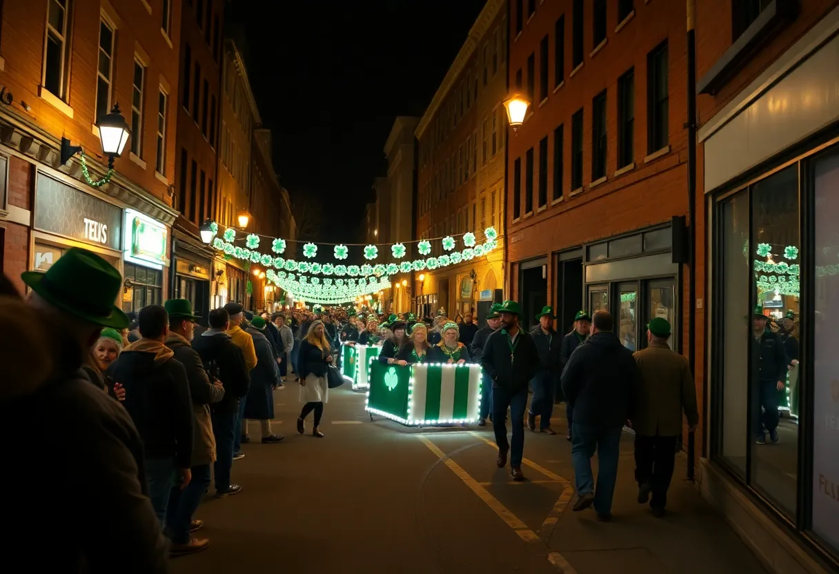 Nighttime St. Patrick's Day parade scene in Boston with contrasting tones of celebration and seriousness.