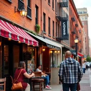 A vibrant Boston street filled with coffee shops and romantic vibes