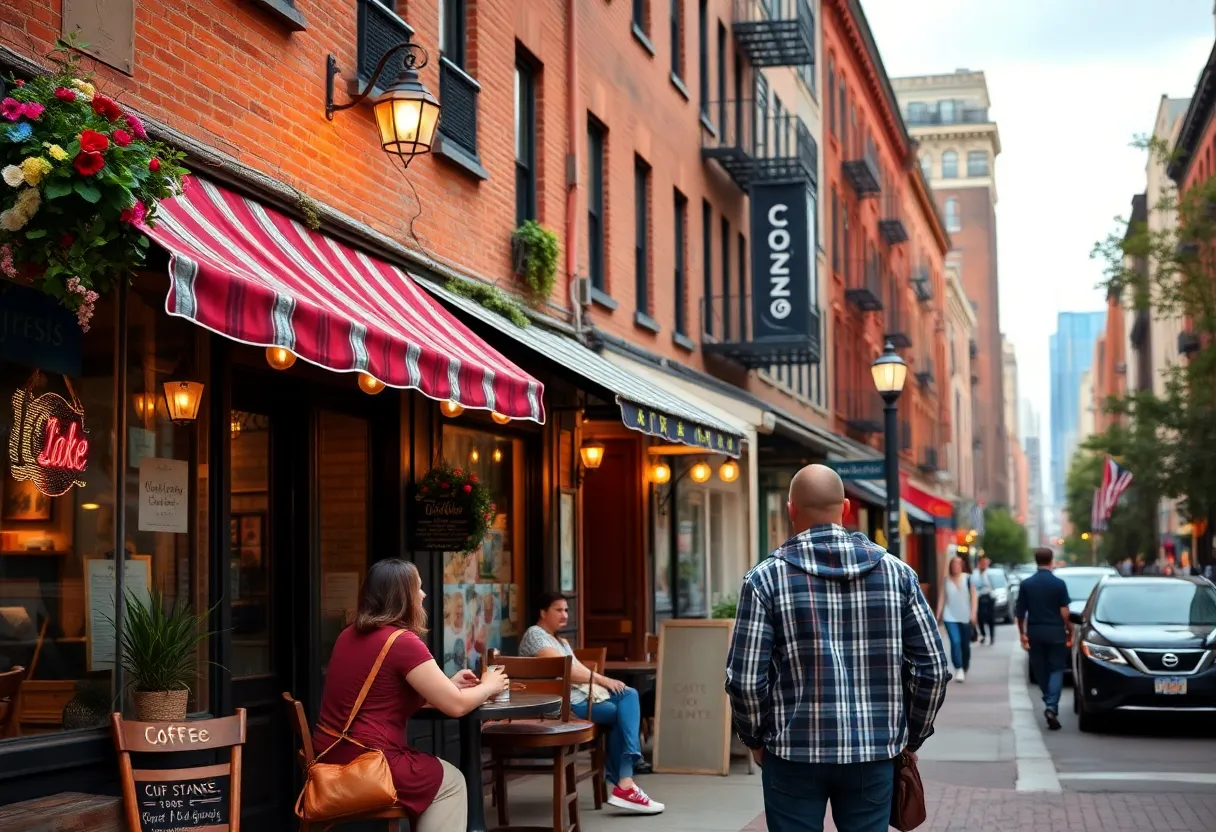 A vibrant Boston street filled with coffee shops and romantic vibes