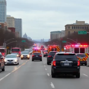 Traffic jam in Boston with emergency services at the scene of accidents.