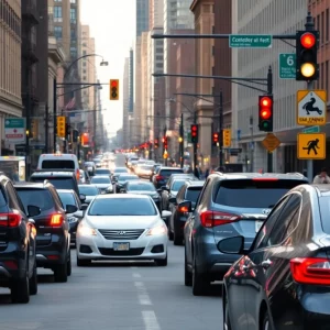 Busy Boston street with traffic signs and vehicles.