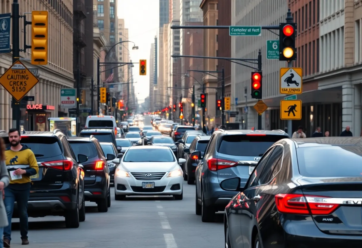 Busy Boston street with traffic signs and vehicles.
