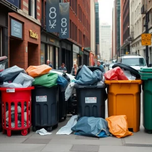 Overflowing trash bins on a busy Boston street