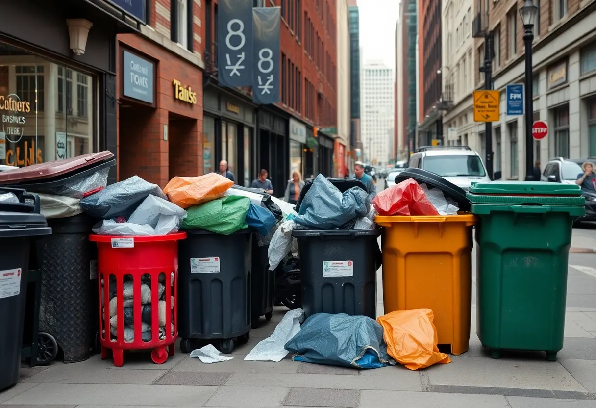 Overflowing trash bins on a busy Boston street