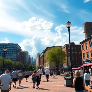 People in Boston enjoying warm weather with clouds on the horizon.