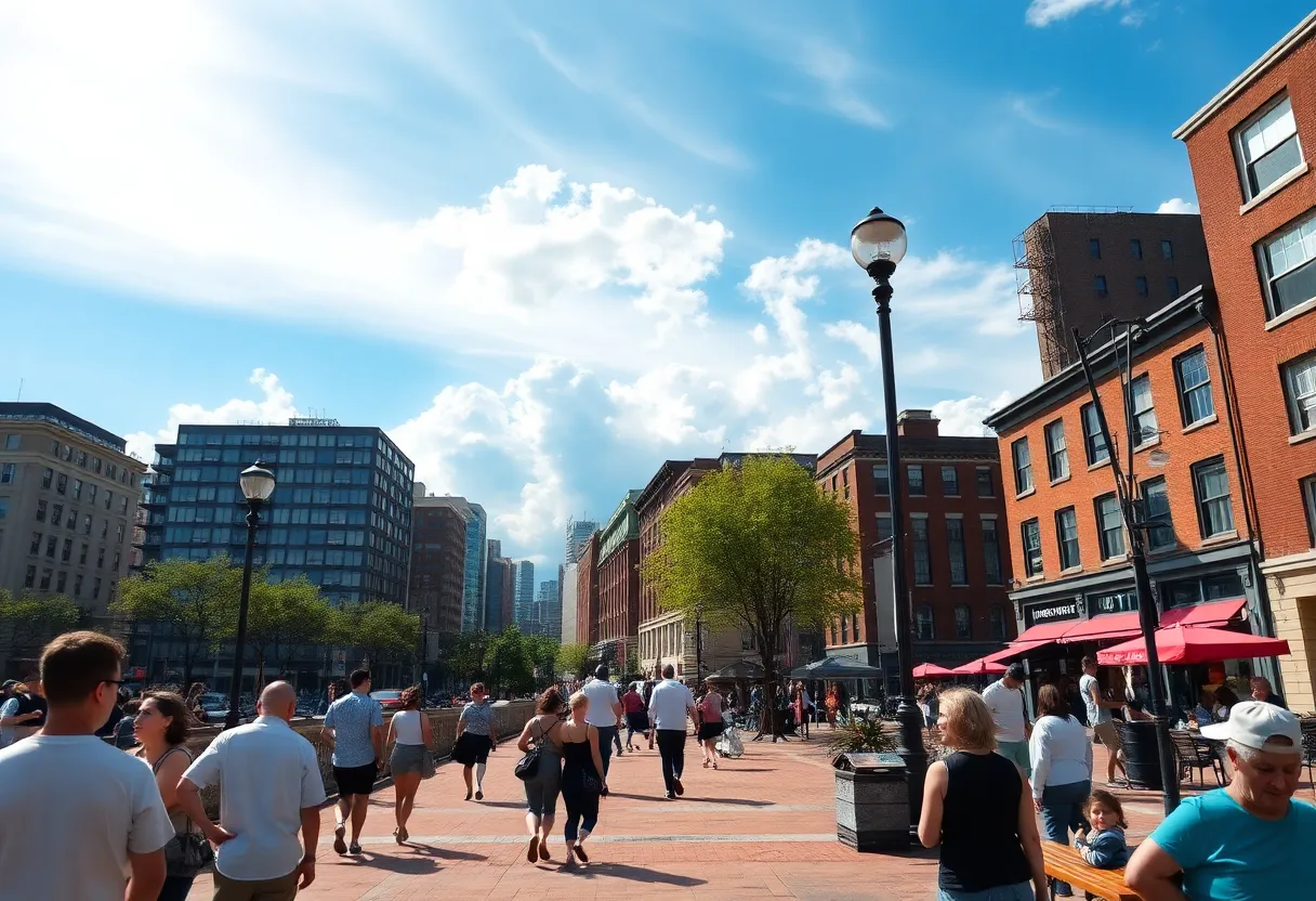 People in Boston enjoying warm weather with clouds on the horizon.