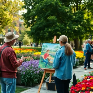 Artist creating live paintings in Boston's Public Garden
