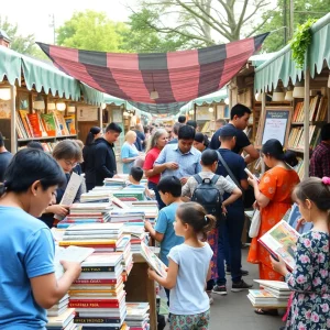 A crowd gathered at the Bow Market Book Fair with book stalls and children participating in activities.