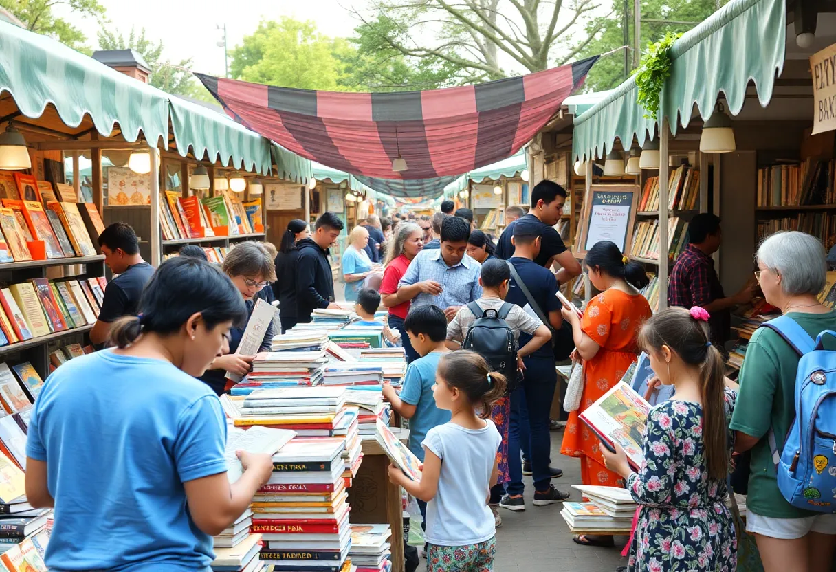 A crowd gathered at the Bow Market Book Fair with book stalls and children participating in activities.