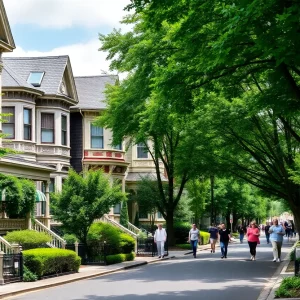 Vibrant street scene in Brookline with Victorian townhouses