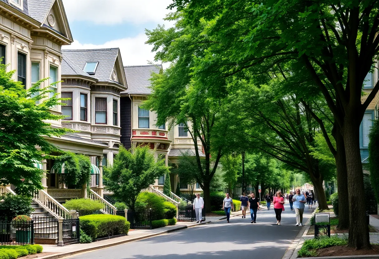 Vibrant street scene in Brookline with Victorian townhouses