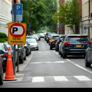 Street in Cambridge showing parking signs and vehicles during street cleaning
