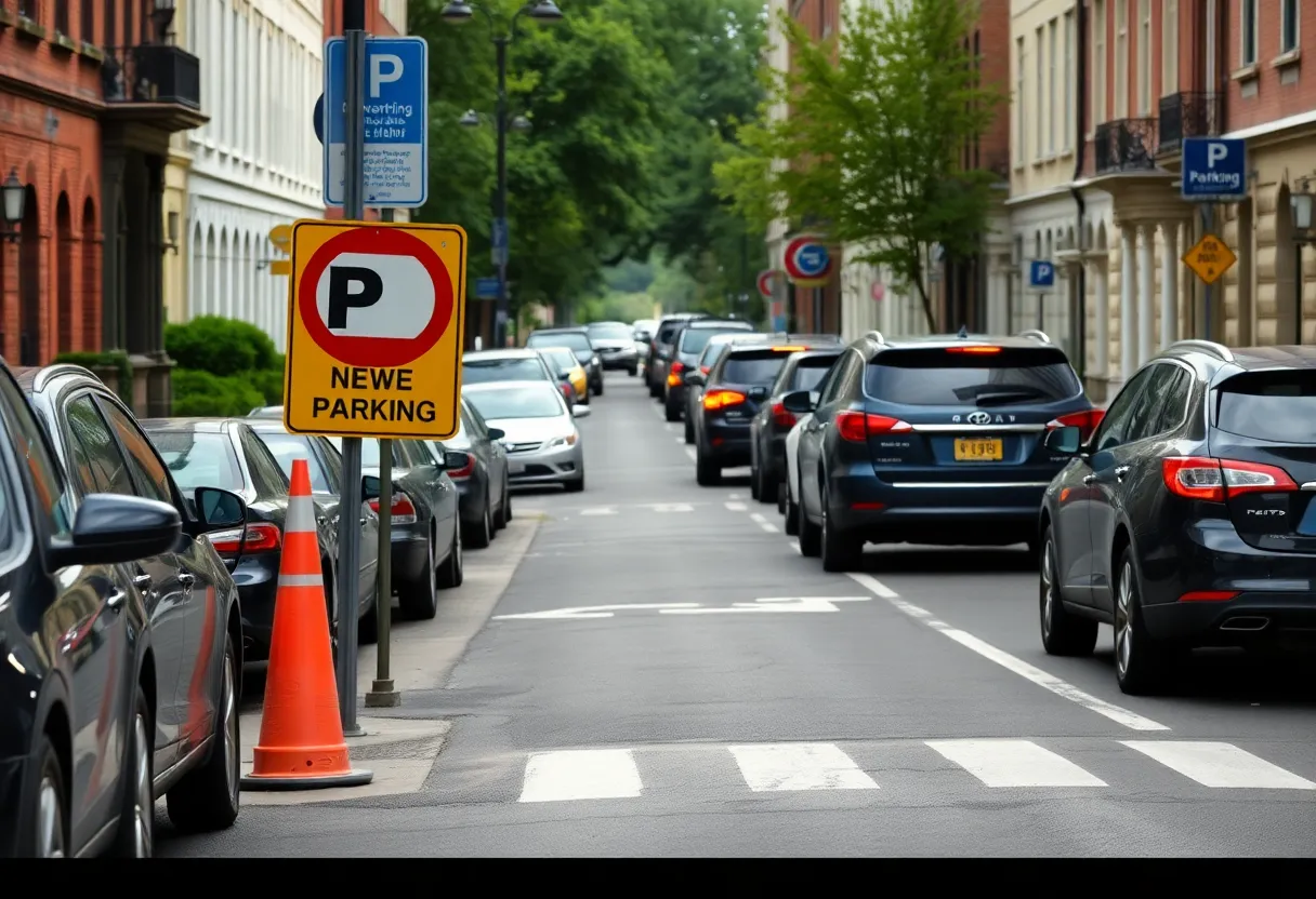 Street in Cambridge showing parking signs and vehicles during street cleaning