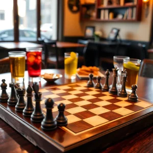 Chess game in a cozy café setting with snacks.