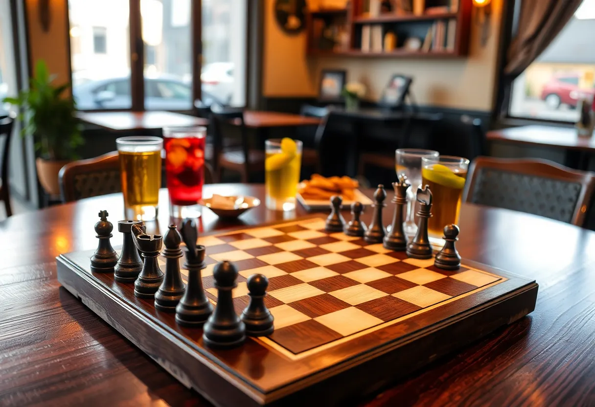 Chess game in a cozy café setting with snacks.