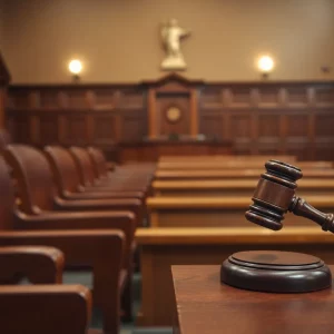 Empty courtroom benches and gavel representing legal absence