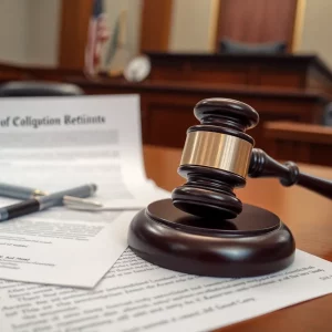 Courtroom interior illustrating a serious identity theft case
